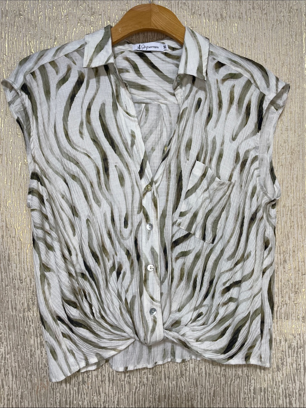 Lightweight Olive Zebra-Print Button Front Women's Top by Sky Boutique Sz M